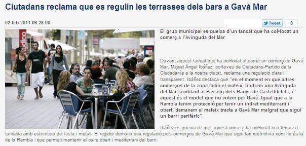 Notcia publicada a la web EL BRUGUERS sobre la posici contrria de C's-Gav als tancaments de terrasses a Gav Mar (3 Febrer 2011)